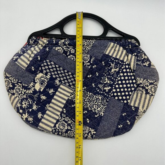 Vintage Handmade Reversible Tote Purse Top Handle Bag Blue Red Patchwork Floral - Picture 7 of 7